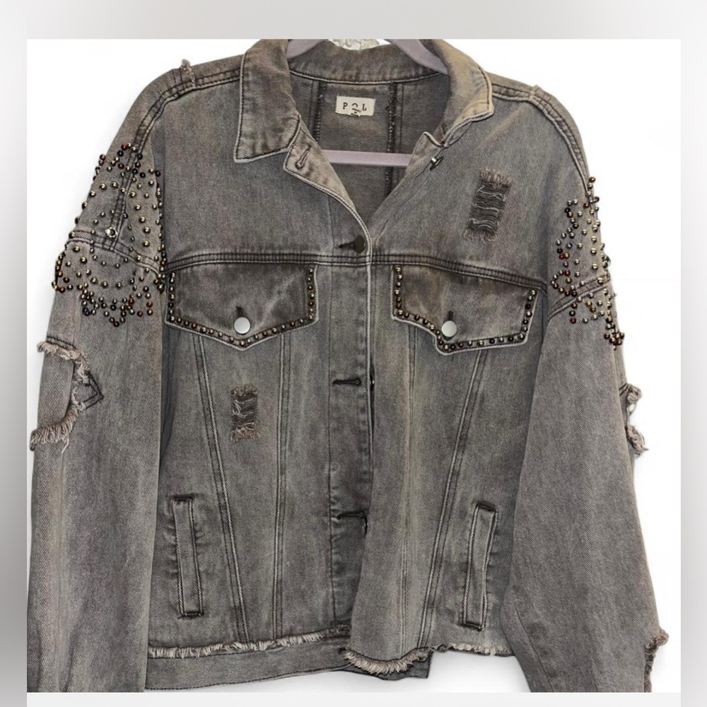 POL Gray denim jacket with awesome silver and rainbow studded embellishment